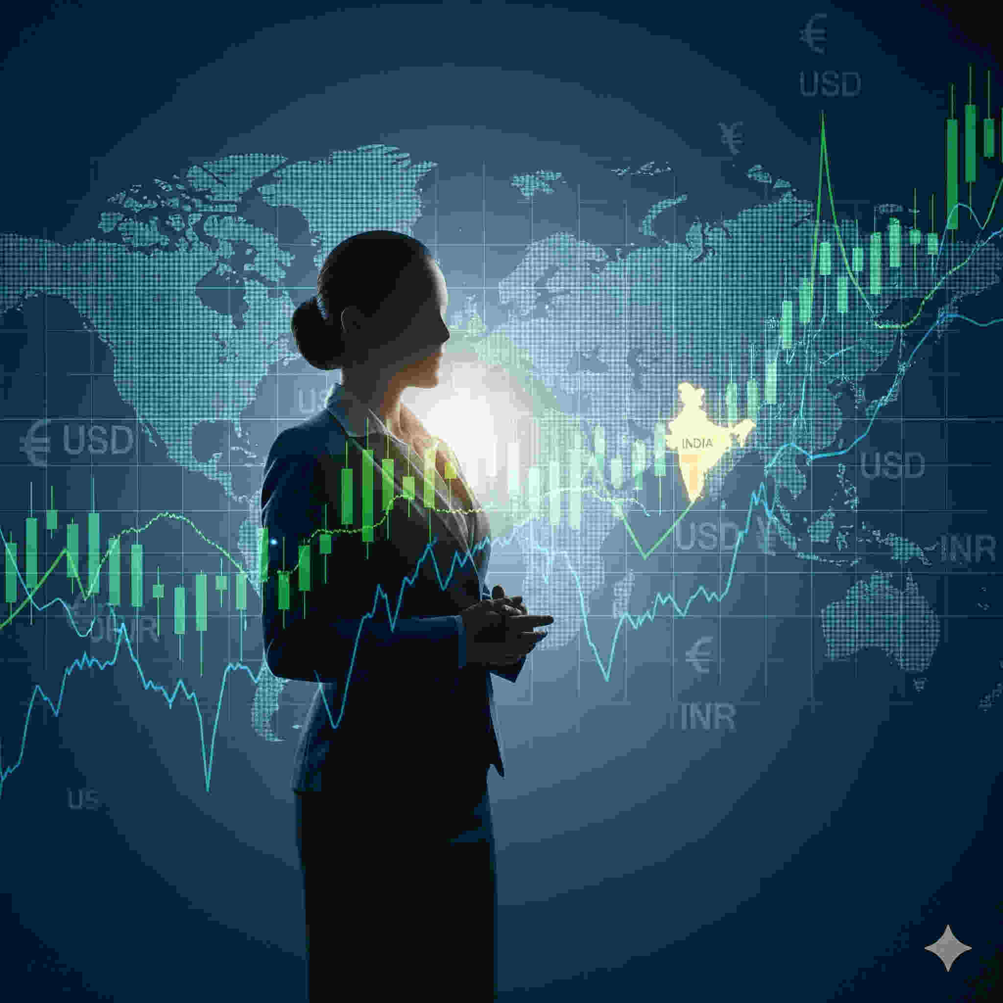 Devina Mehra, Founder of First Global, against a backdrop of global financial charts and a subtle map of India, emphasizing diversified investing beyond 100% equity and the importance of international markets amidst rupee depreciation.