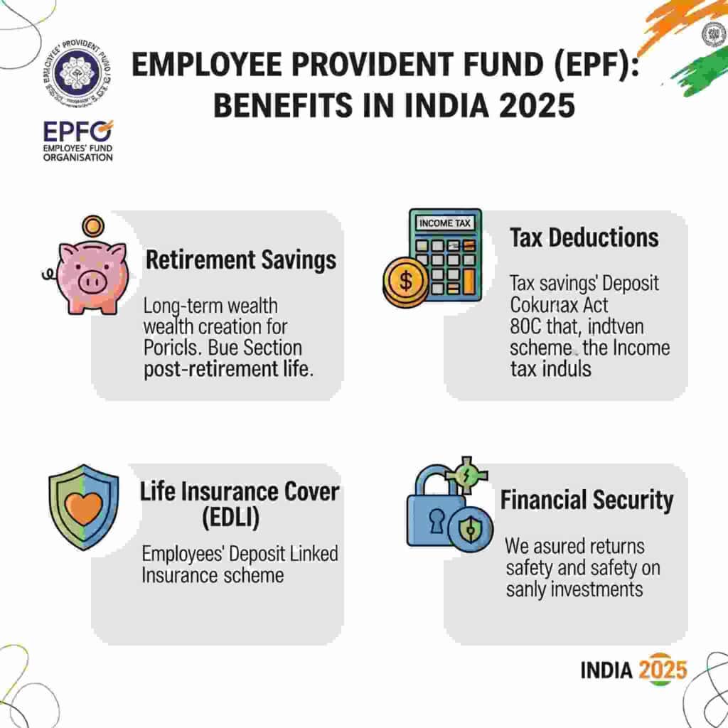 Illustration of EPF benefits such as retirement corpus, tax savings, insurance, and financial security