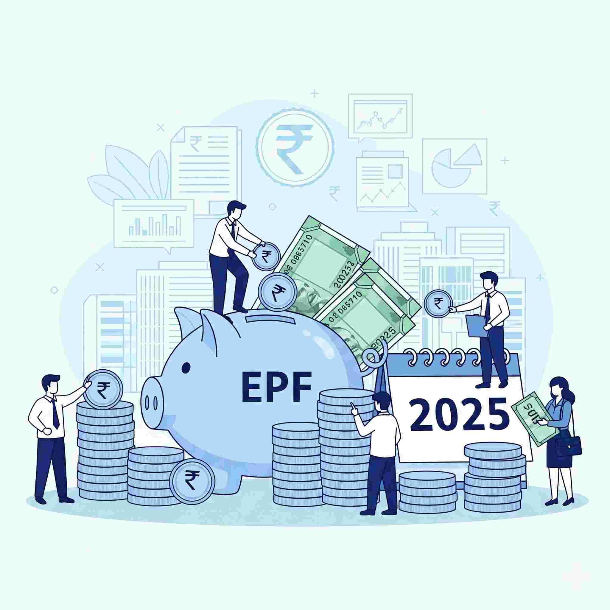 Illustration of Indian employees saving money in Employee Provident Fund (EPF) with piggy bank, coins, and 2025 calendar, symbolizing retirement savings and financial security.