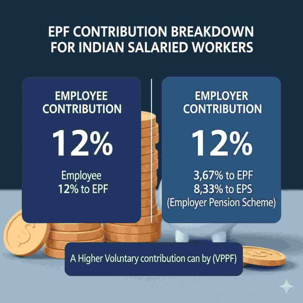 Pie chart showing EPF contribution split between employee and employer in India 2025