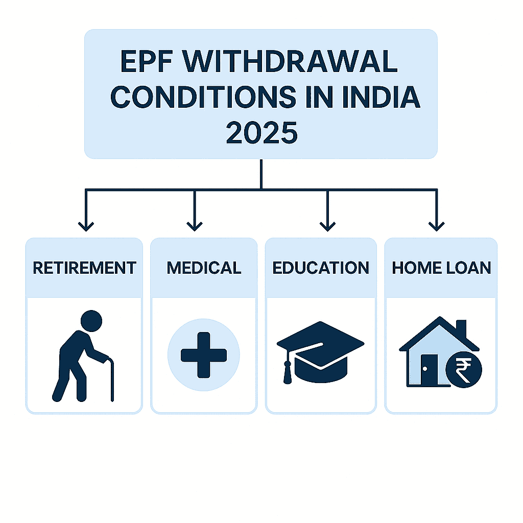 Infographic of EPF withdrawal rules in 2025 for retirement, emergencies, and partial withdrawals