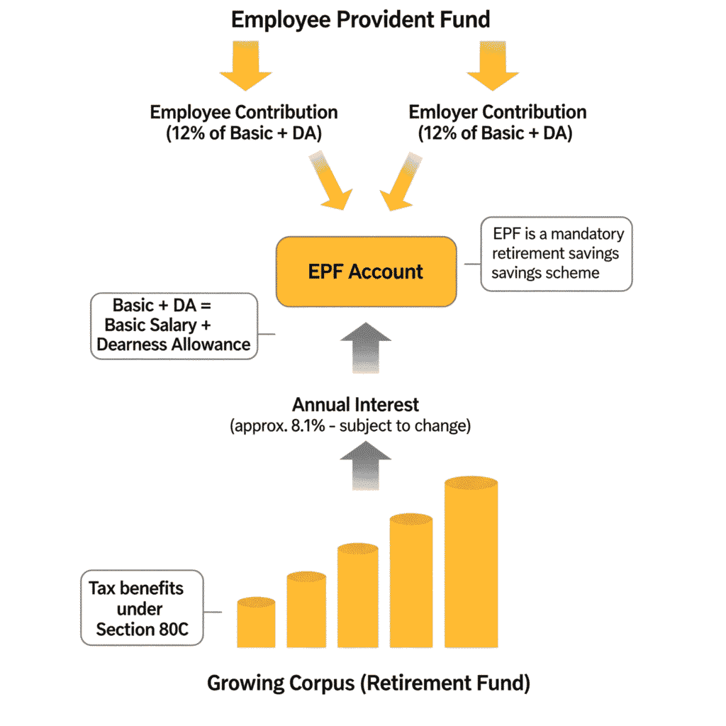 Infographic showing how EPF works in India – employee contribution, employer contribution, and interest growth till retirement