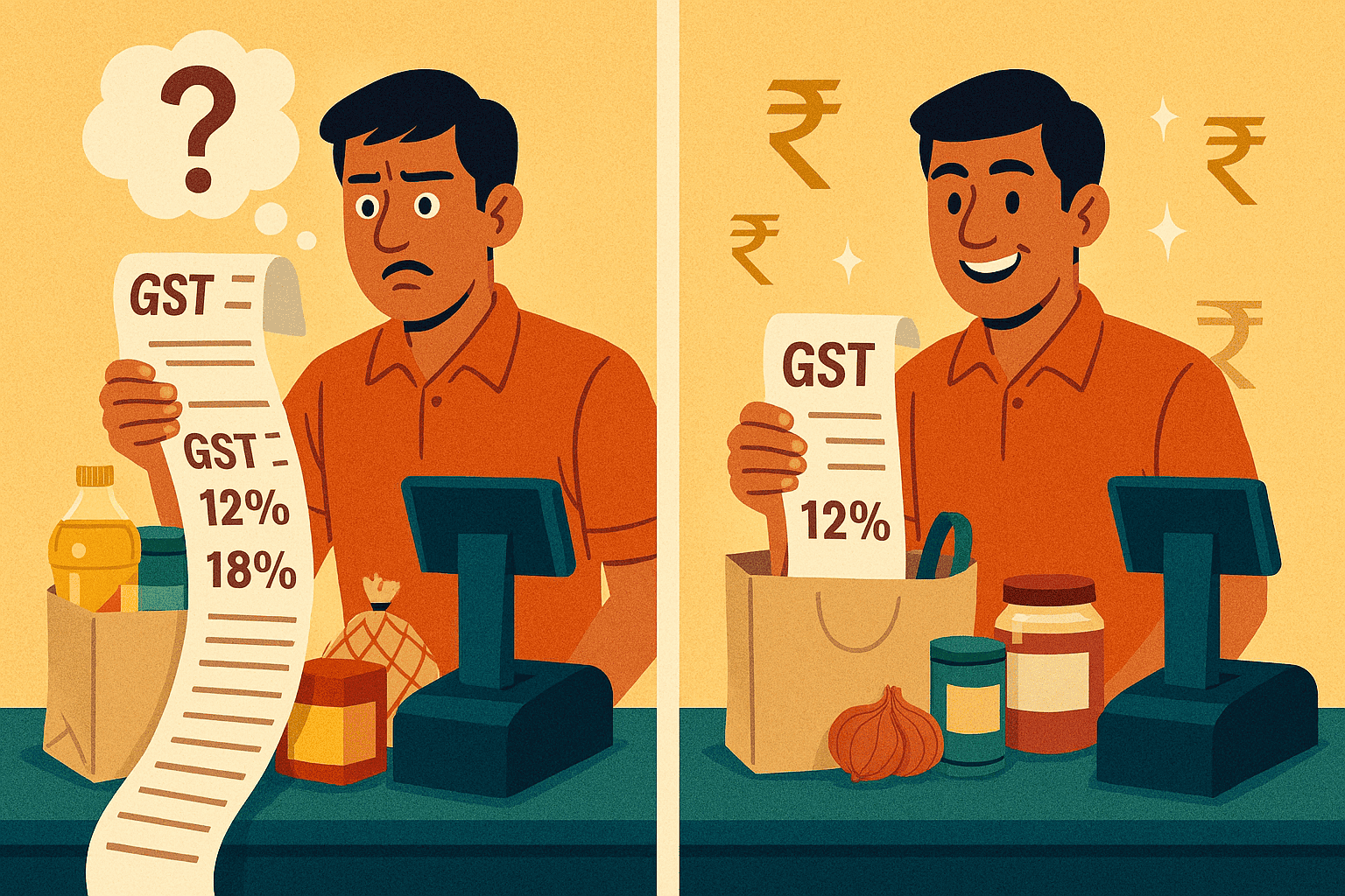 Indian shopper at checkout, confused by multiple GST rates; relieved with simplified single GST bil
