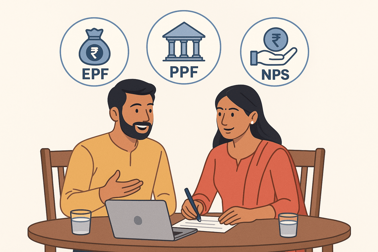 Young Indian couple discussing retirement planning with laptop, icons of EPF PPF NPS floating above, financial planning illustration