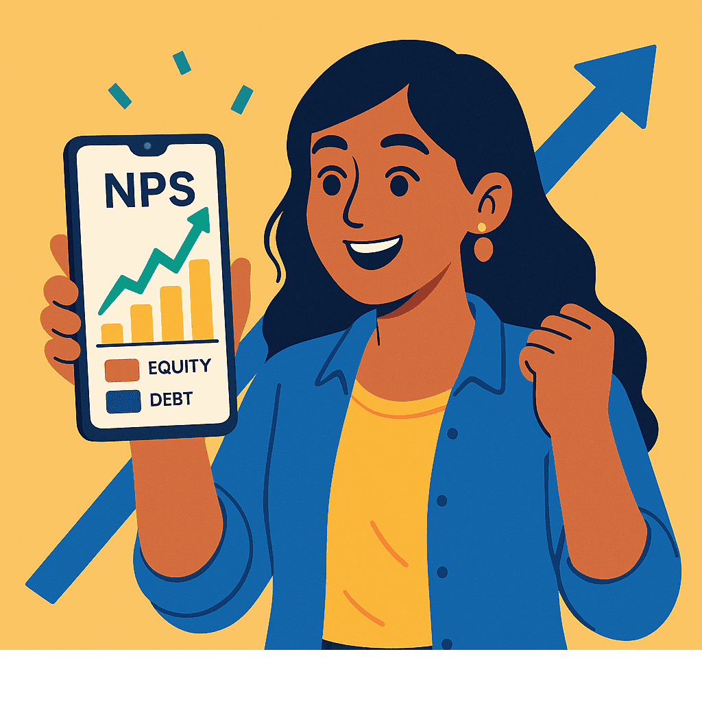 Young Indian woman investor viewing rising NPS chart on mobile phone, equity and debt growth mix, pension scheme illustration