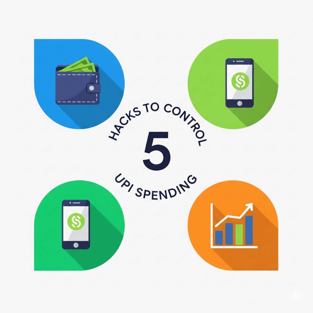 Infographic showing 5 hacks to control UPI overspending with icons of wallet, phone, and charts