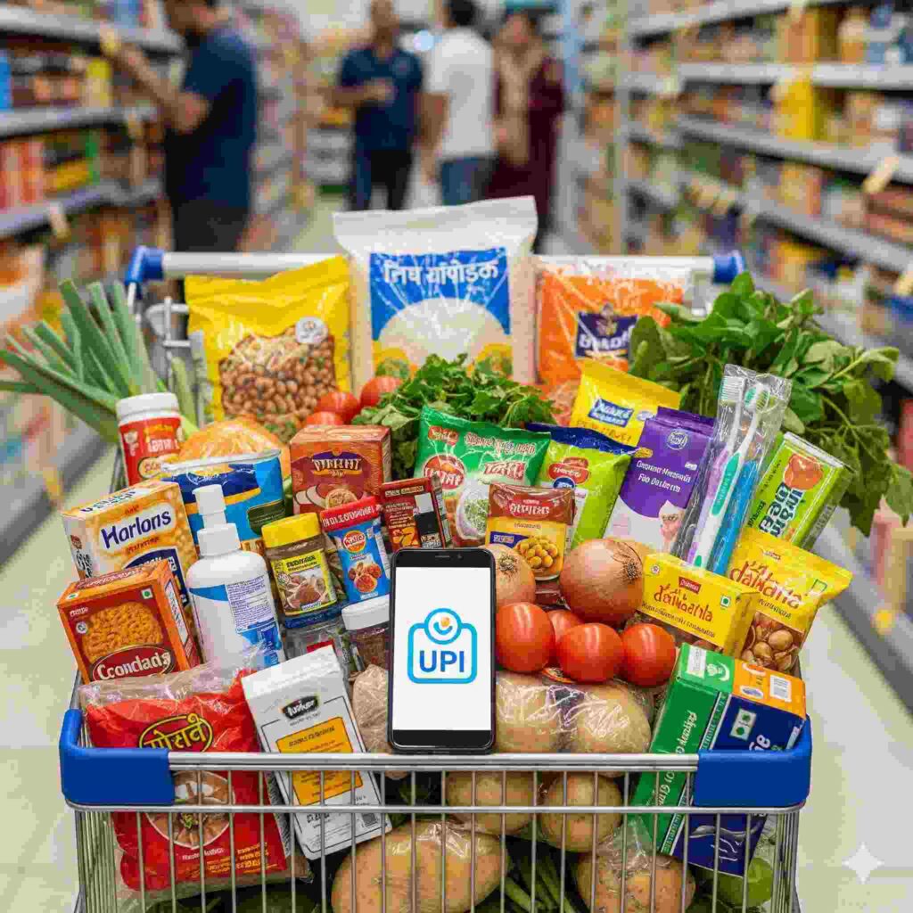 Indian shopping cart overflowing with items with UPI logo on mobile screen