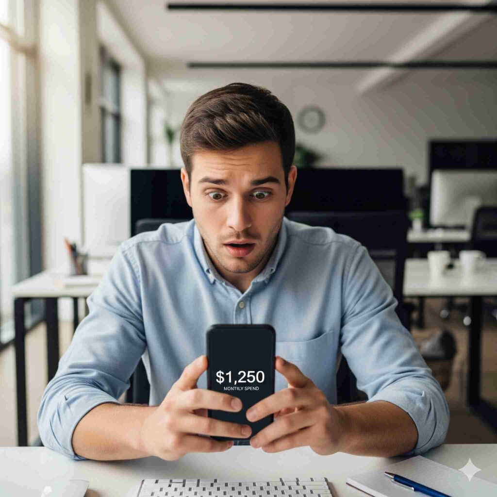Shocked office worker checking high UPI monthly spend on mobile phone