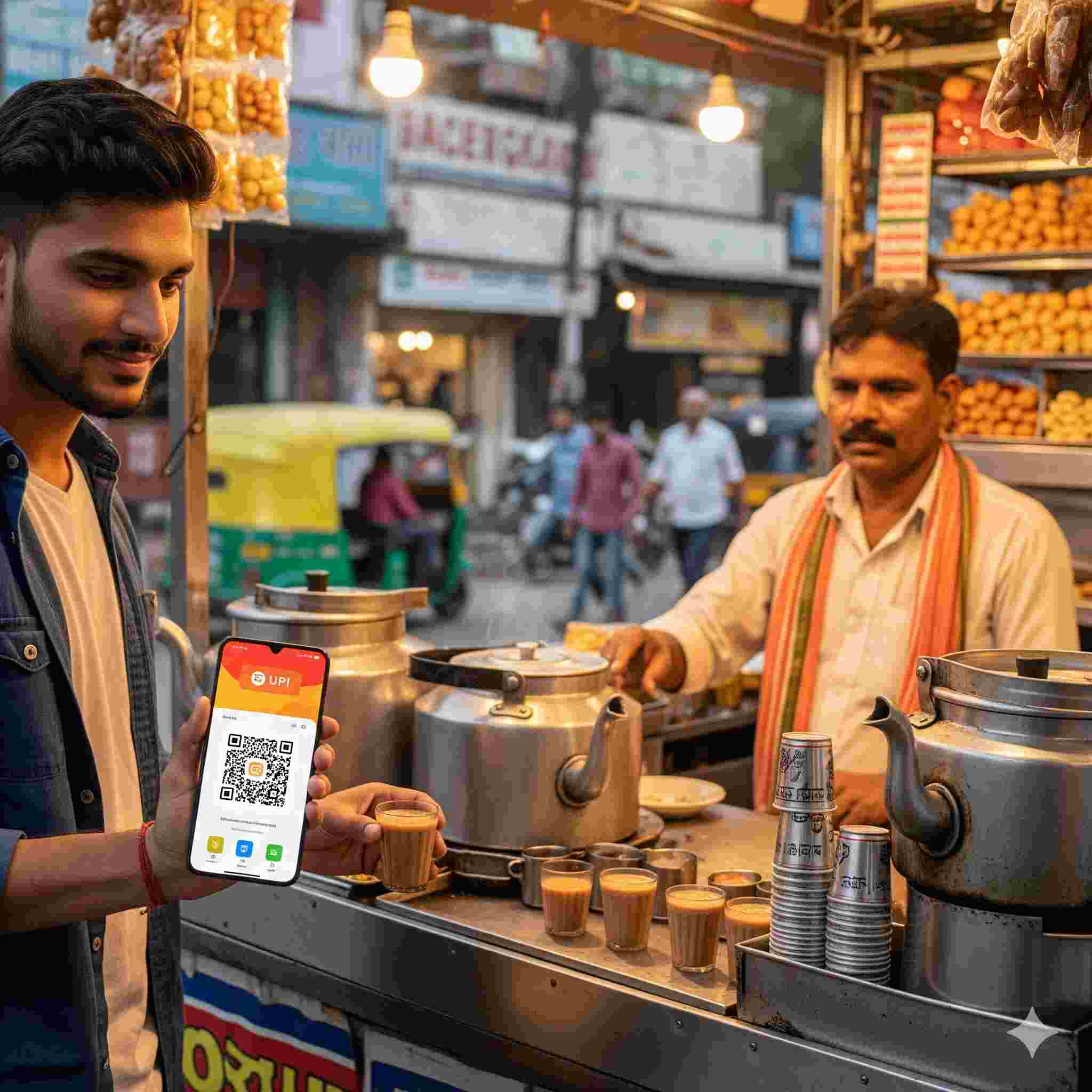 Young Indian using UPI on a mobile phone while buying chai at a street vendor