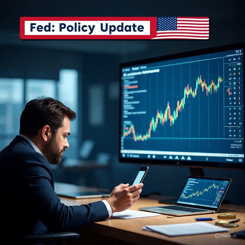 Trading desk with gold price chart and “Fed: Policy Update” headline.