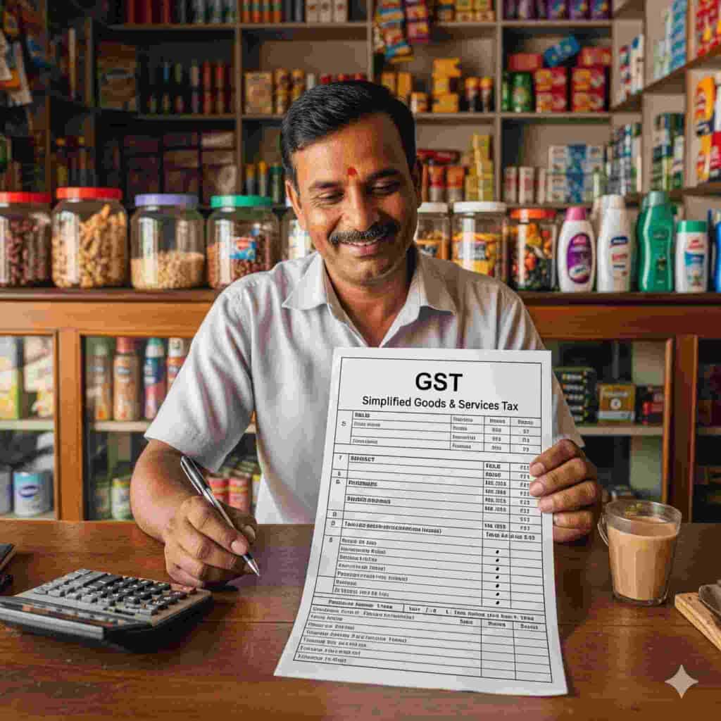 Indian small business owner with simplified GST paperwork