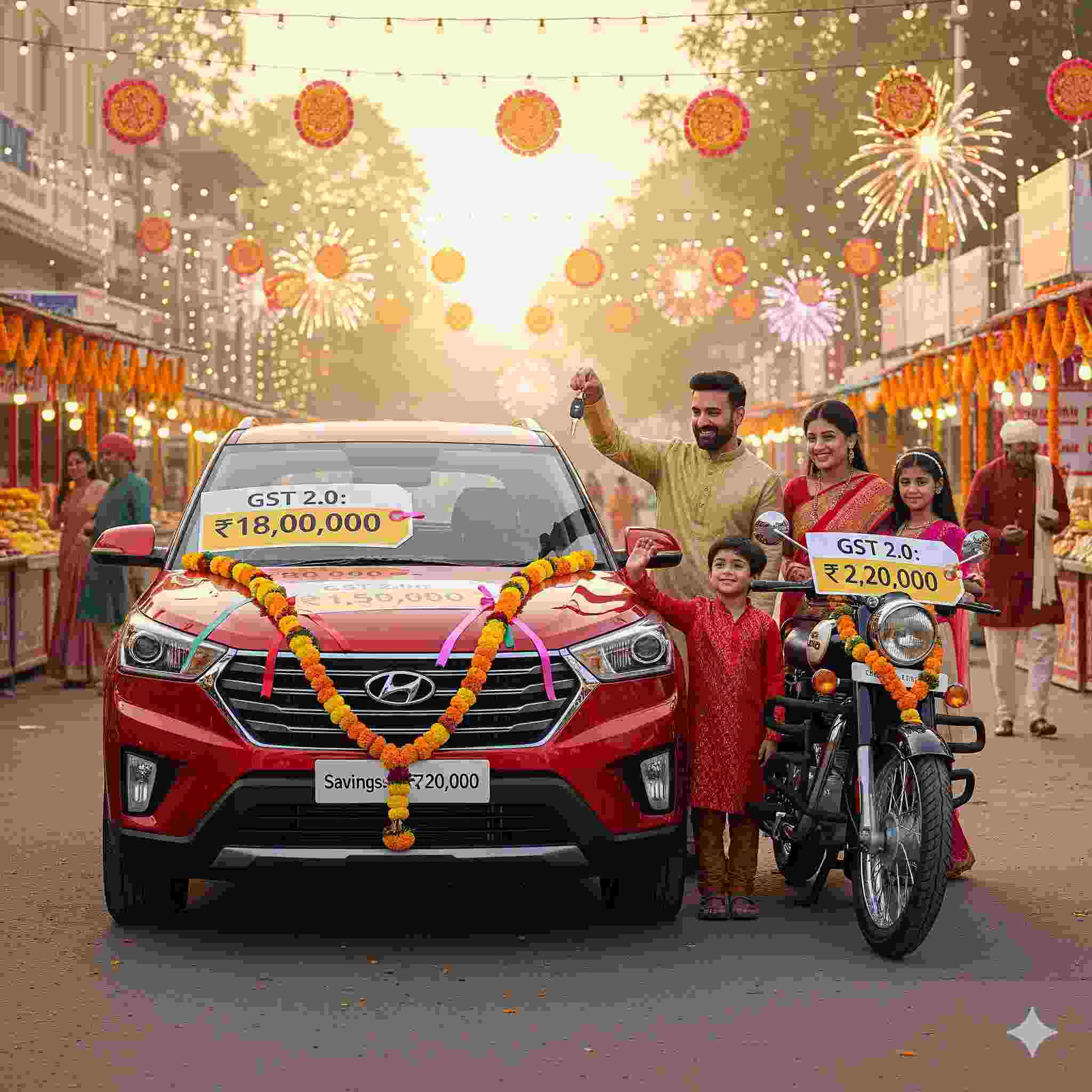 Indian family with new vehicles showing GST 2.0 price savings