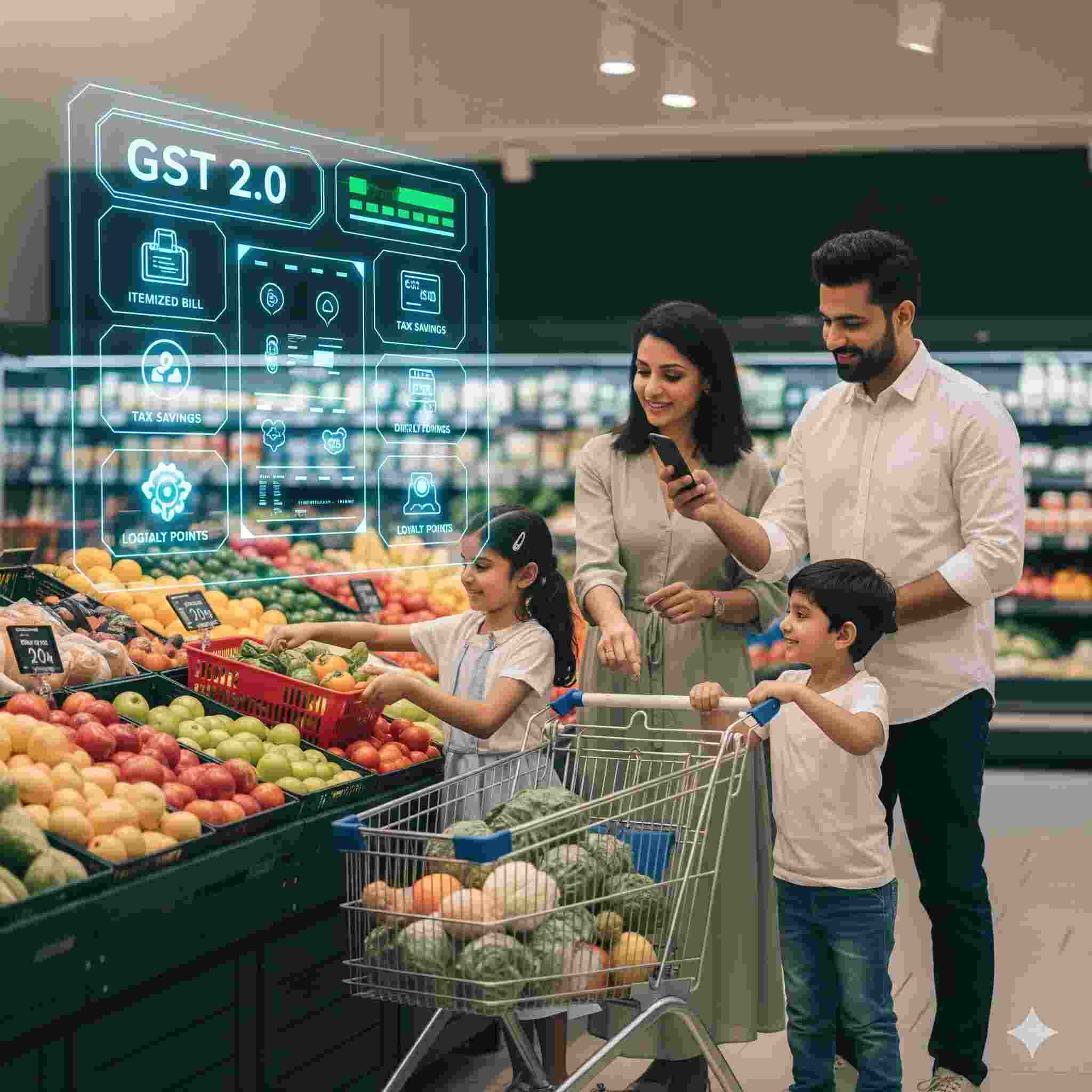 Indian family shopping with GST 2.0 savings benefits