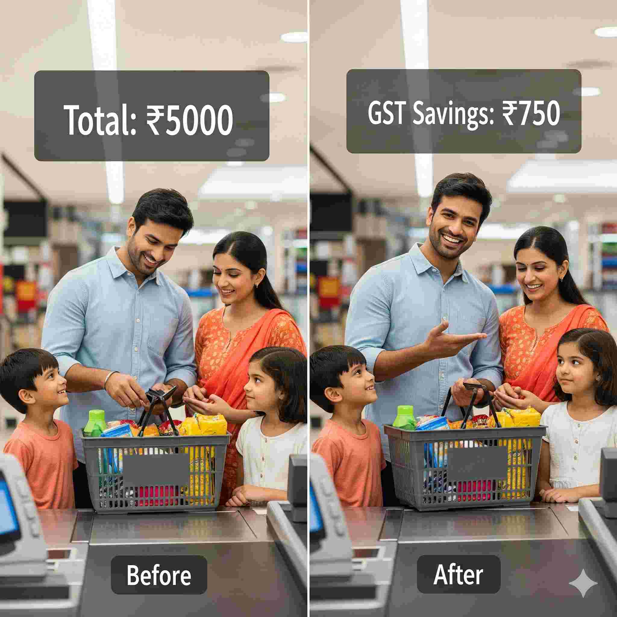 Indian family shopping basket showing GST savings on household items