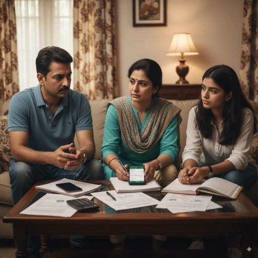 Indian family discussing smartphone EMI concerns