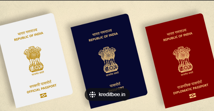 Indian passports in different colors - blue, white, and maroon arranged on Indian flag background