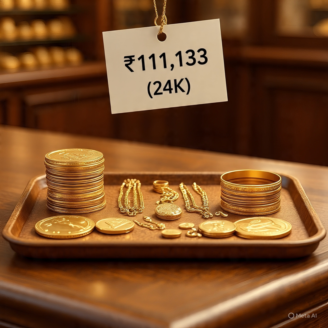 Gold coins and jewellery stacked with price tag “₹11,133/g (24K)”
