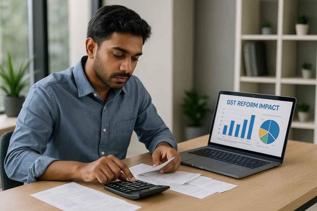 Indian professional calculating GST savings on budget