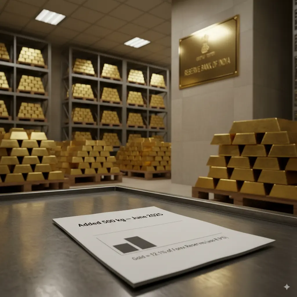Reserve Bank of India vault with stacked gold bars and report indicating “Added 500 kg — June 2025”.