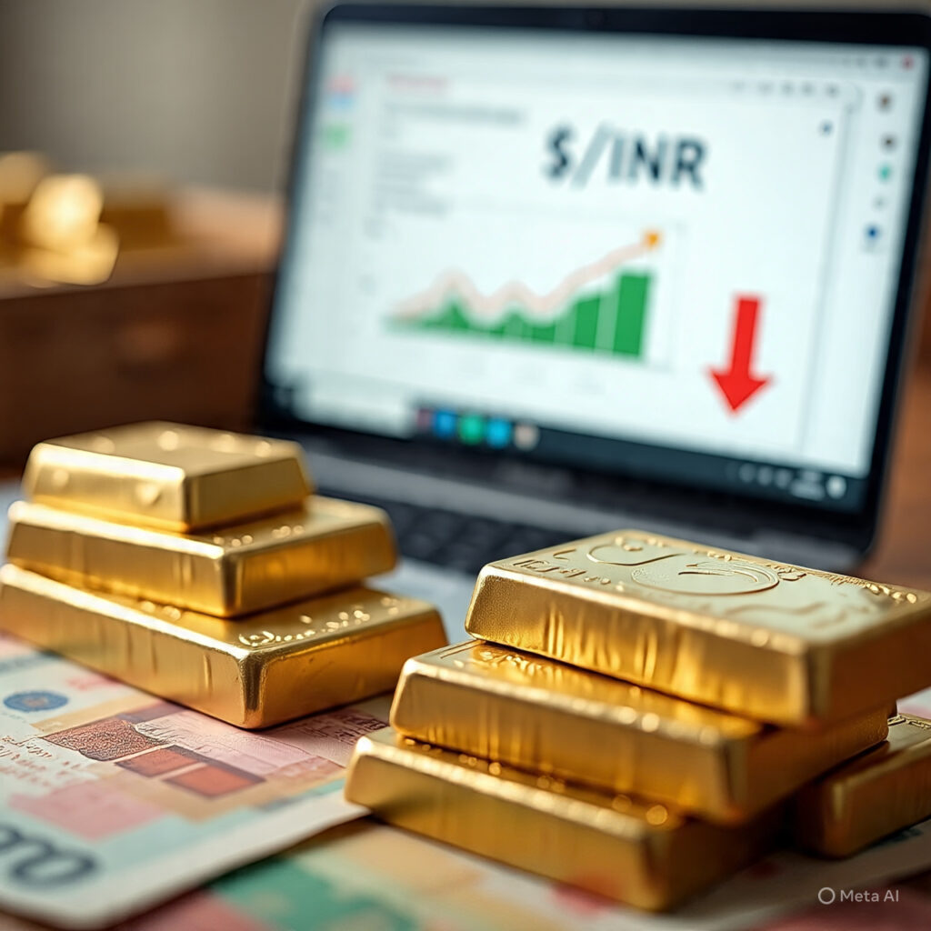 Gold bars with rupee notes and a falling USD/INR exchange rate on laptop screen.