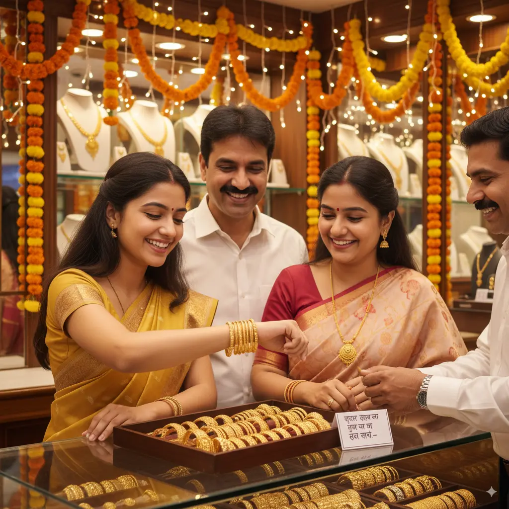 Indian family shopping for gold bangles in a decorated jewellery shop.