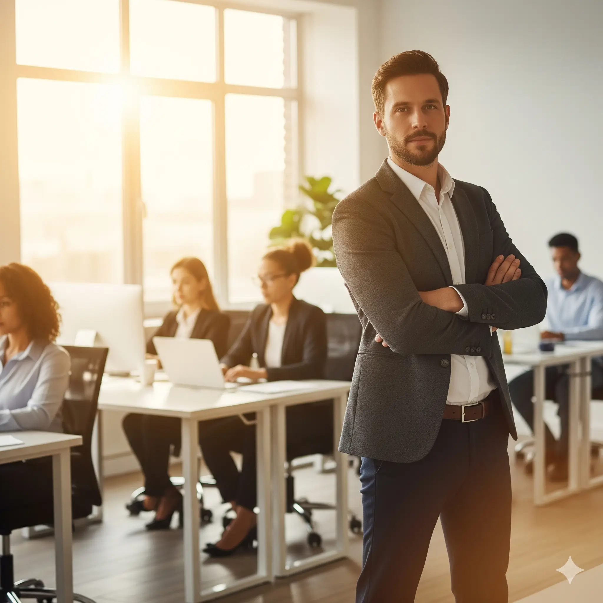 Confident professional standing out in the office, symbolizing integrity and ethical success