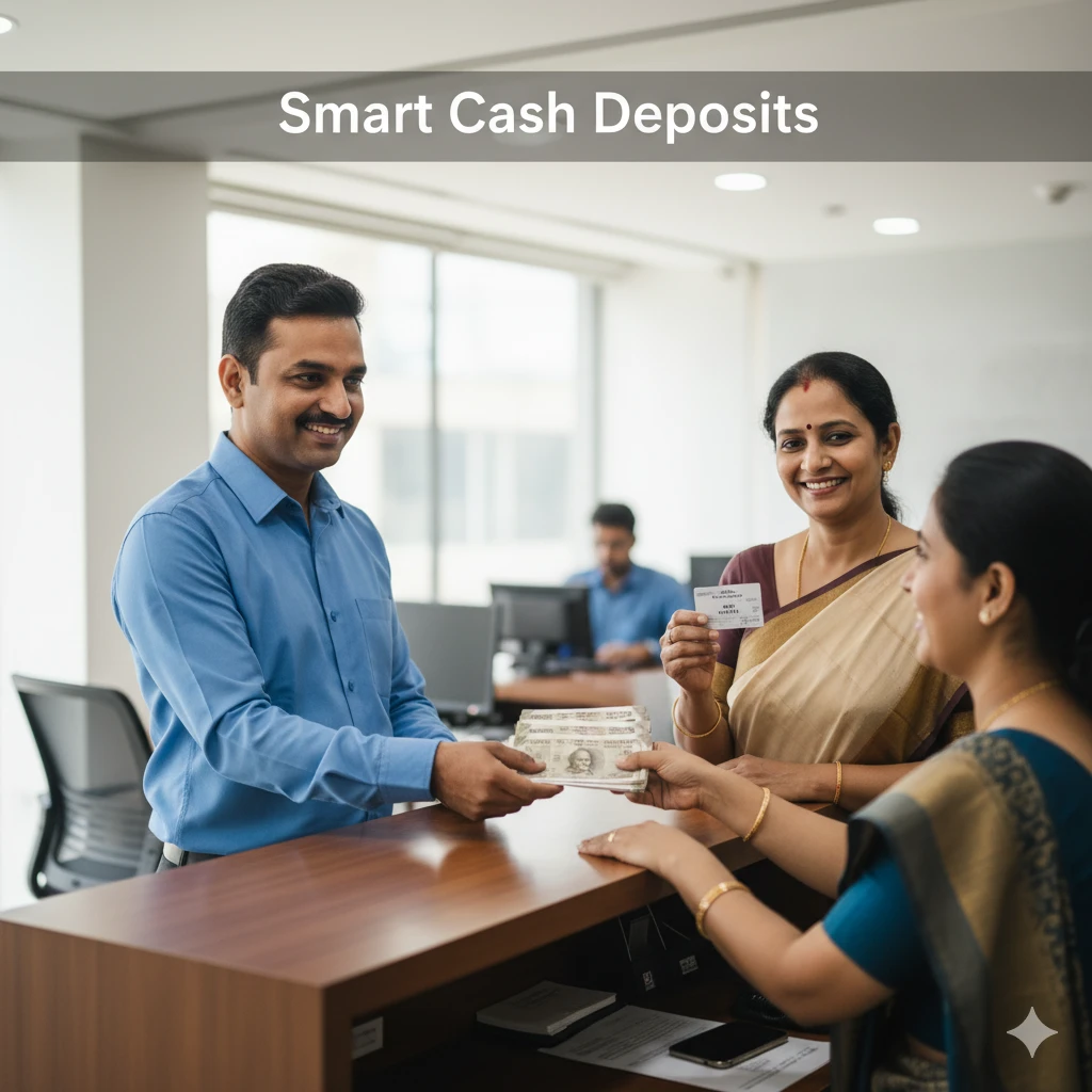 Middle-class couple depositing cash at bank with PAN.