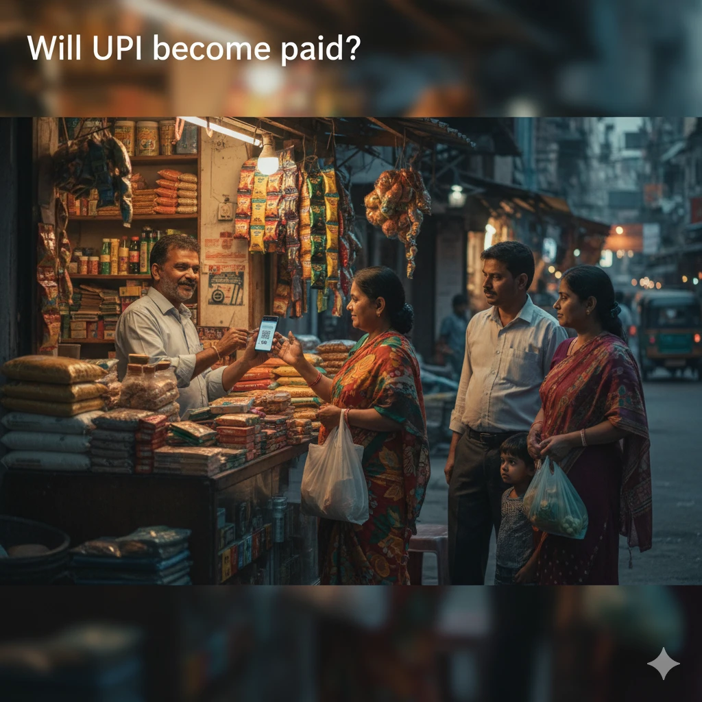Mumbai kirana shop UPI payment at dusk.