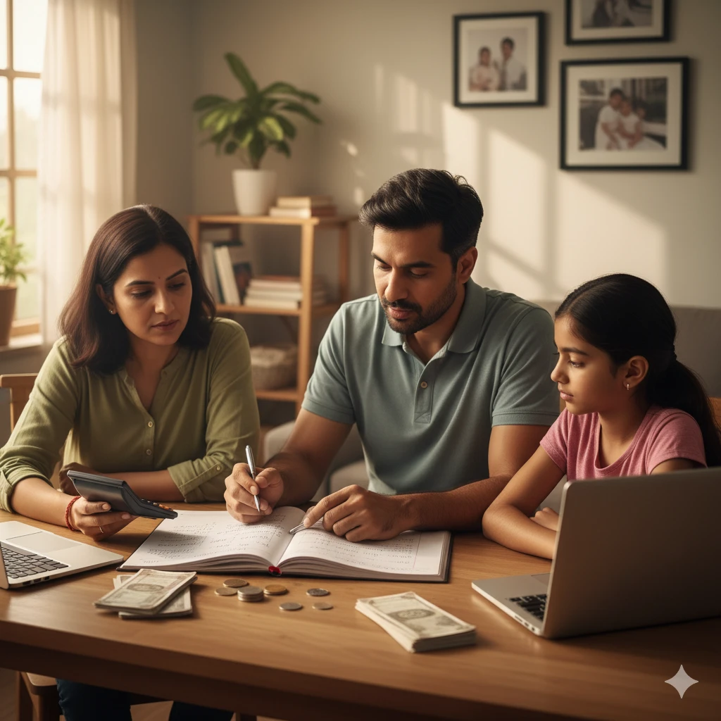 Indian family budgeting at home with laptop and notebook