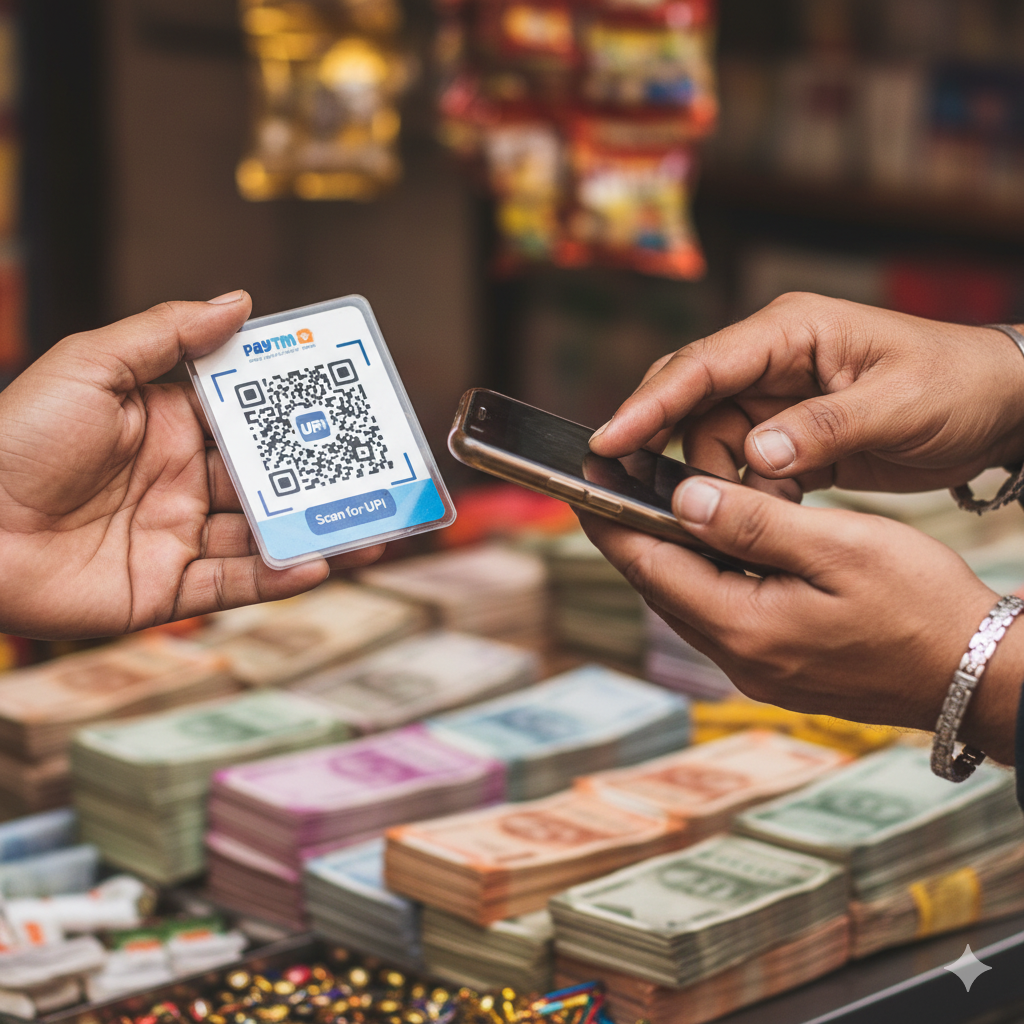 Customer paying via UPI QR in a local shop
